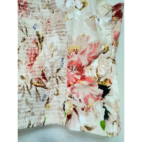 Express Floral Linen Blend Tank Top L Cream Pink Smocked Back - Picture 13 of 15